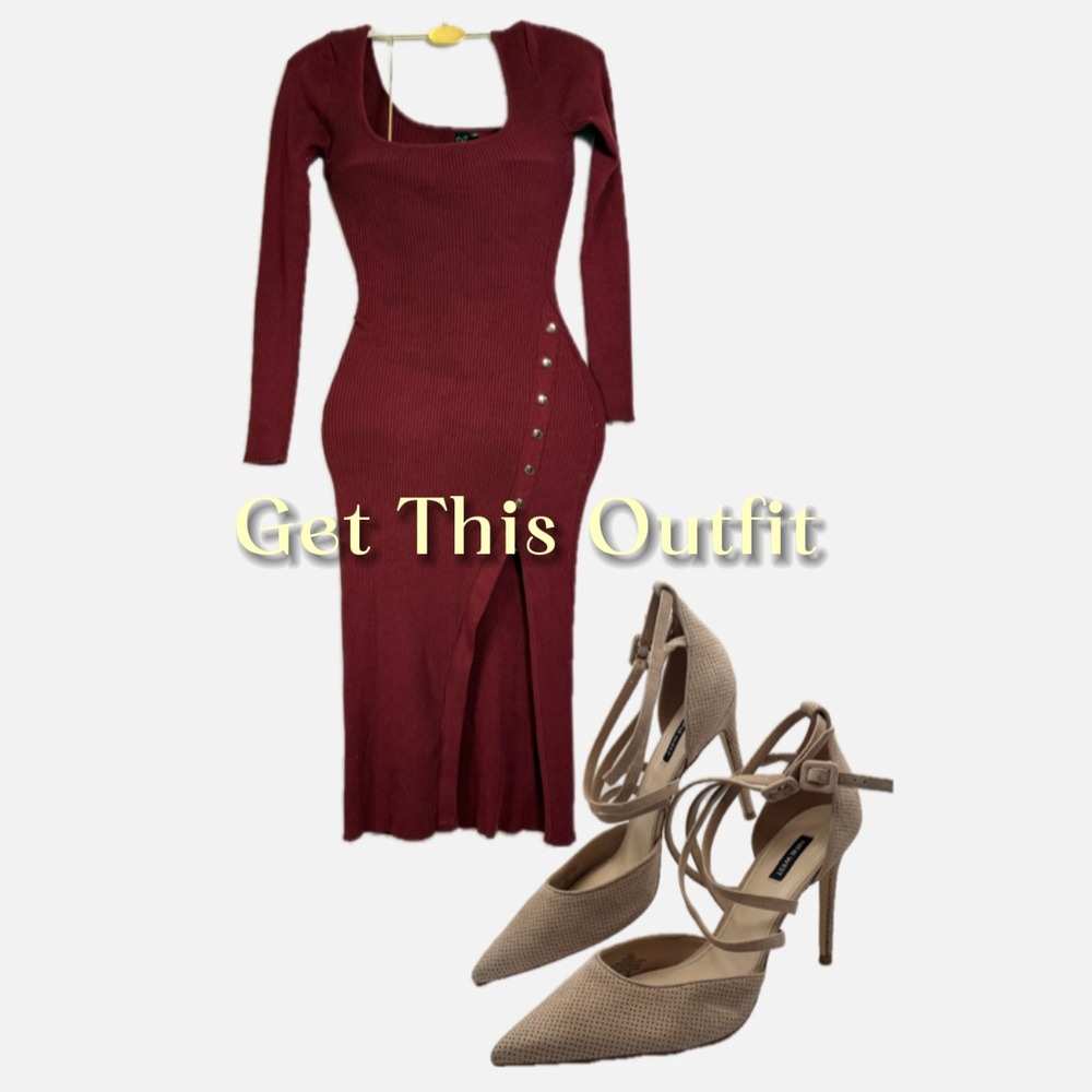 Windsor Ribbed Square Neck Long Sleeve Button Slit Maxi Dress Burgundy Size S‎ - Picture 8 of 8